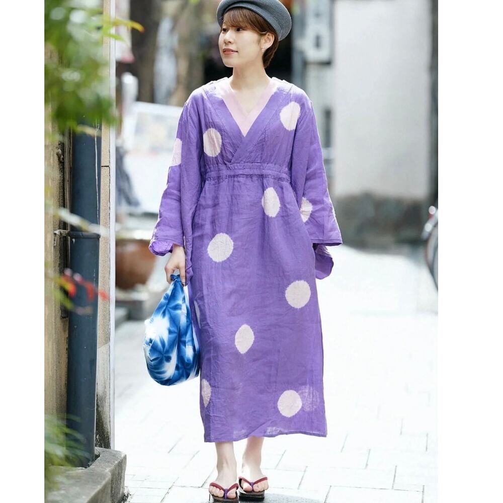 SOU SOU Yukata Linen Polka Dot Tie-Dye Kimono Sleeve Midi Dress Size Small